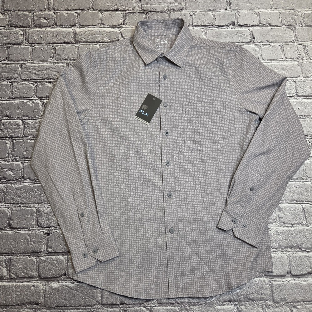 FLX Men's Gray Slim Fit Stretch Long Sleeve Button-Front Dress Shirt Small